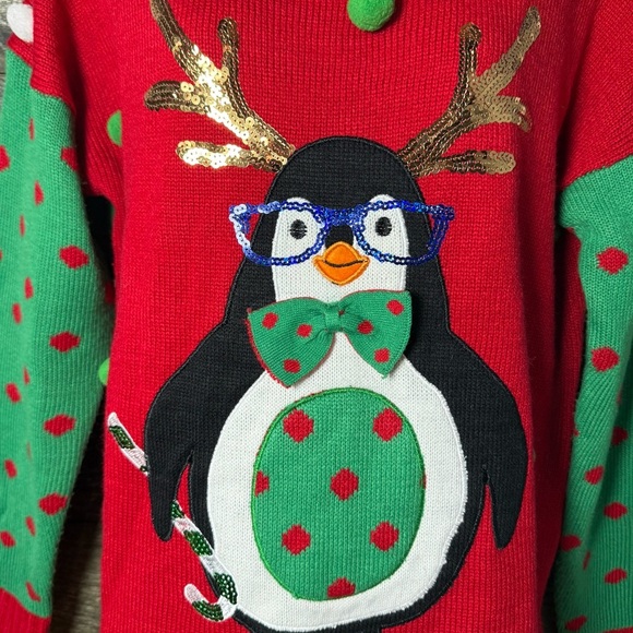 Blizzard Bay Unisex Ugly Christmas Sweater Penguin Sequins Pompoms Teacher EUC - Picture 2 of 8